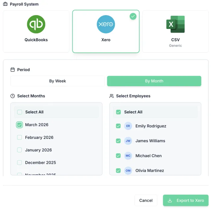 TimeTally payroll export screen showing one-click export to Xero, QuickBooks, or Excel with automatic wage calculations for UK businesses