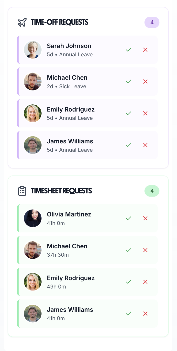 TimeTally mobile leave request dashboard showing pending holiday requests, approval notifications, and team absence calendar