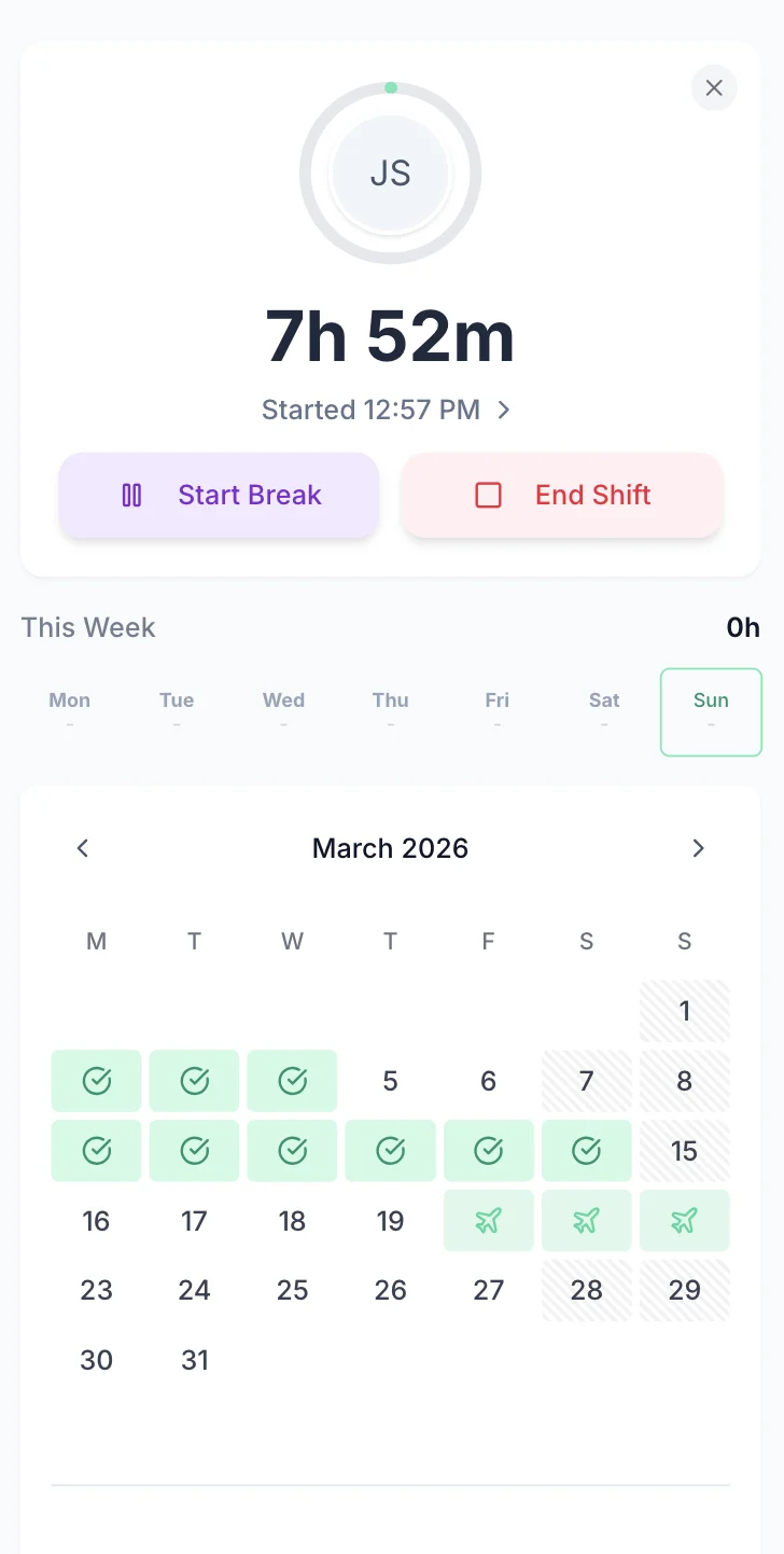 Employee clocked in on mobile