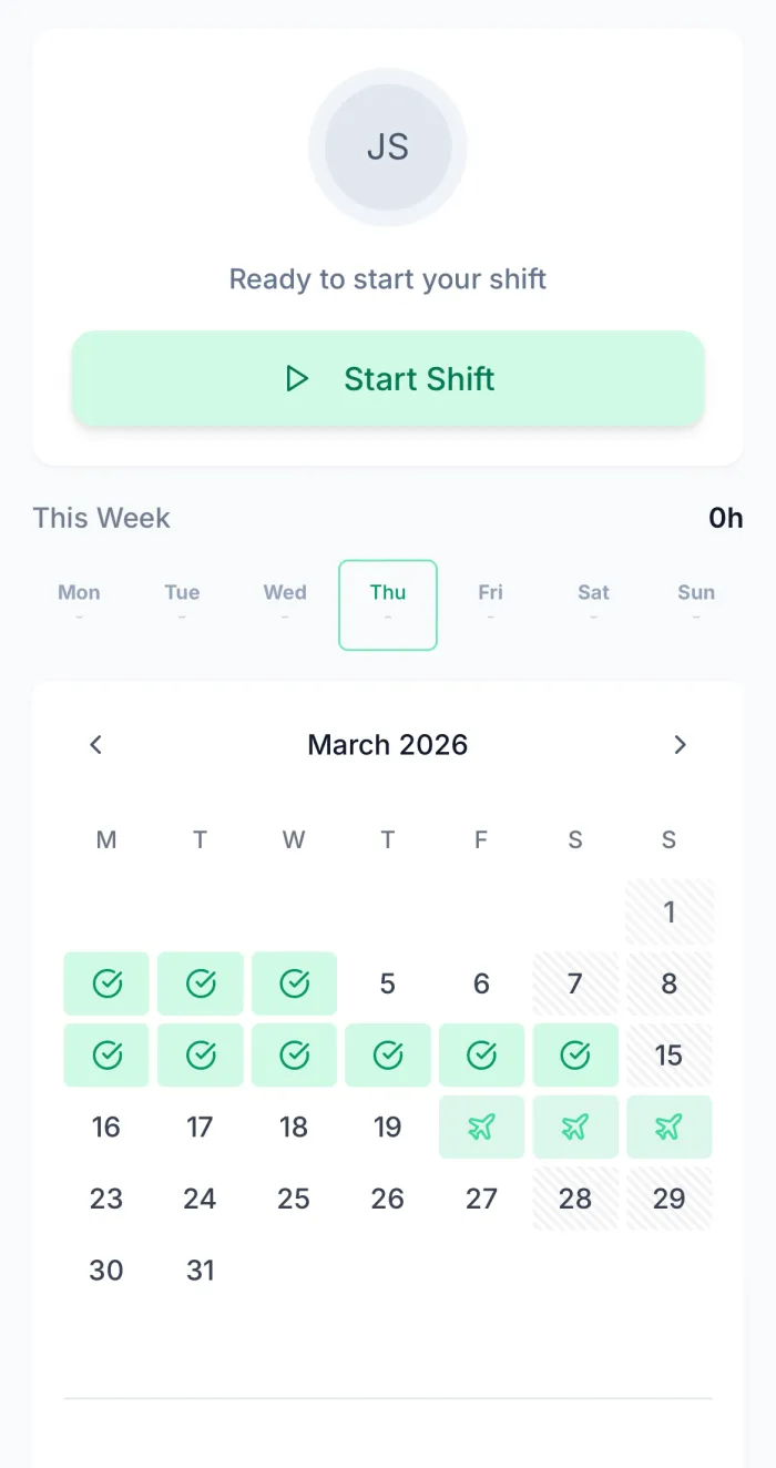 TimeTally mobile app clock-in screen with one-tap start timer button for employee time tracking